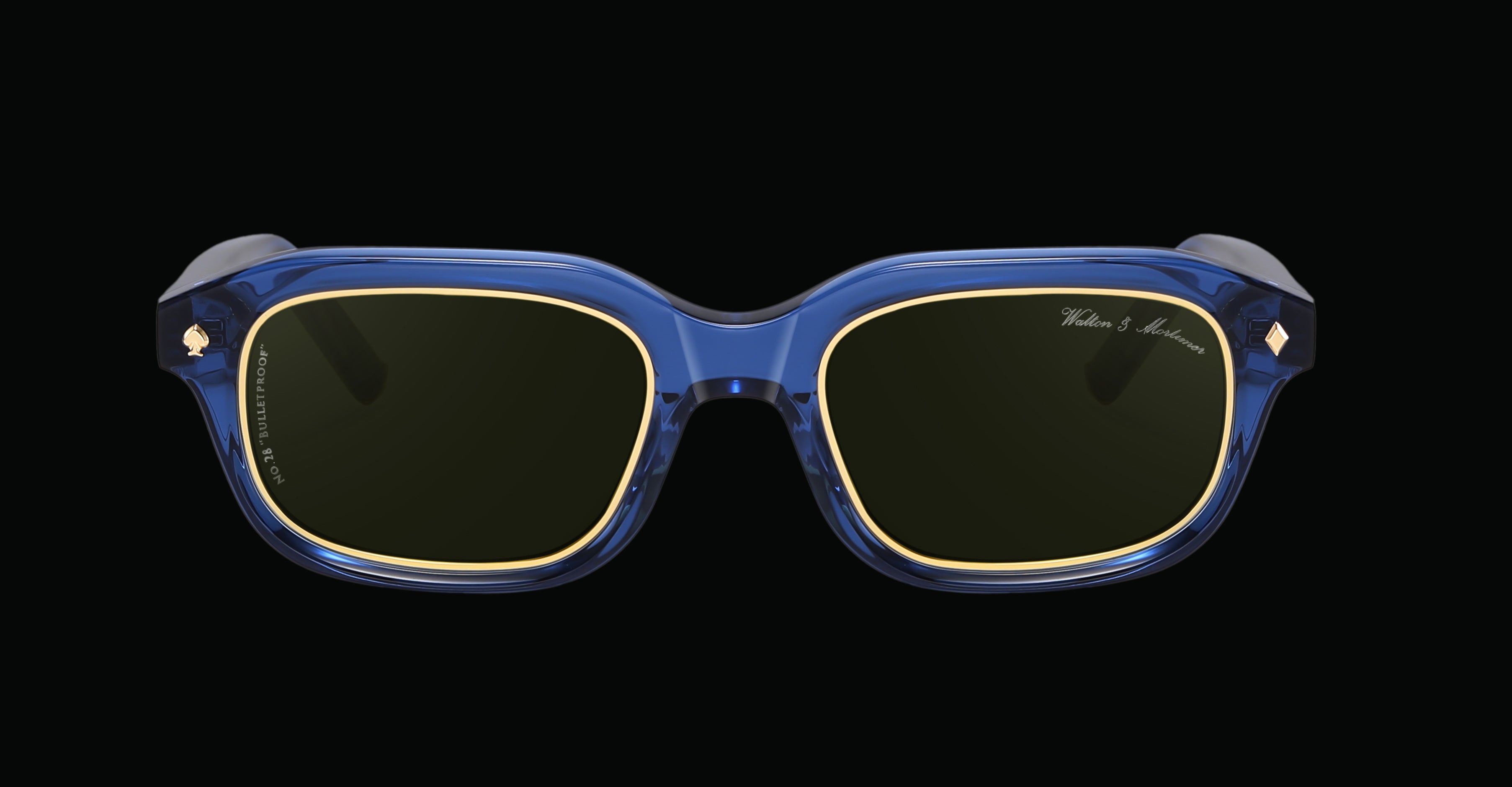 A pair of 'Bulletproof' limited edition sunglasses with a deep sea blue frame and yellow carl zeiss lenses, from the Runway Collection.